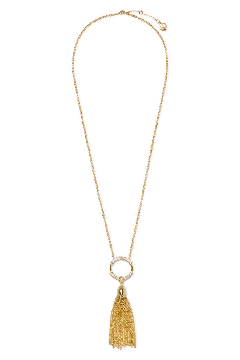 Long Tassel Fringe Pendant Necklace, Main, color, GOLD/ CRYSTAL