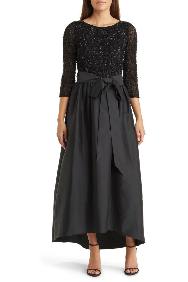 Beaded Bodice & Taffeta High-Low Gown, Main, color, BLACK