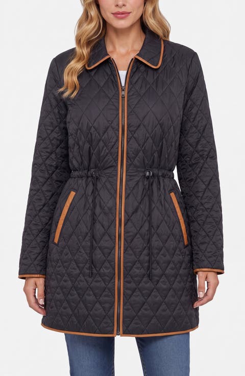 Faux Leather Trim Quilted Coat with Cinch Waist