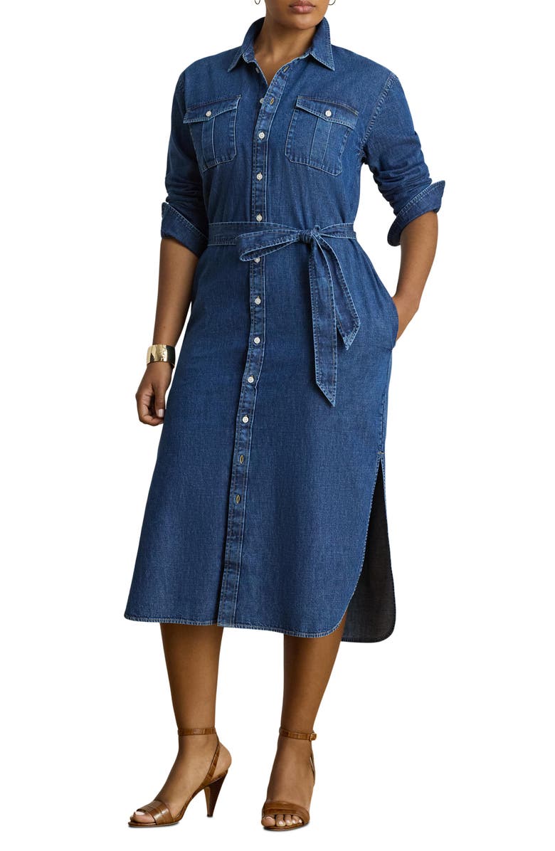 Lauren Ralph Lauren Long Sleeve Belted Cotton Denim Midi Shirtdress, Alternate, color, Harvest Wash Blue