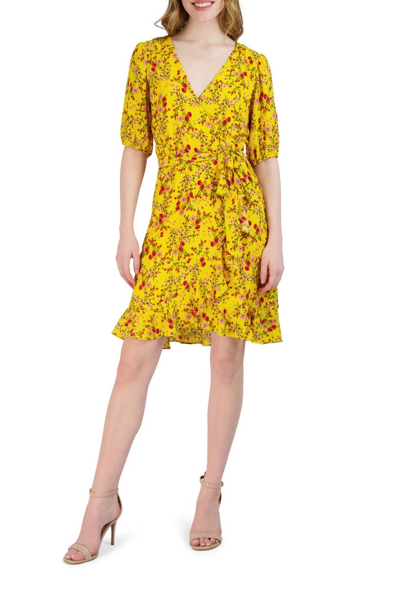 Puff Sleeve Floral Faux Wrap Dress, Main, color, YELLOW MUL