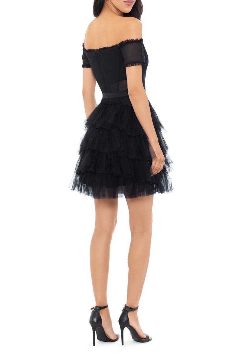 Corset Tiered Ruffle Off the Shoulder Tulle Minidress, Alternate, color, BLACK