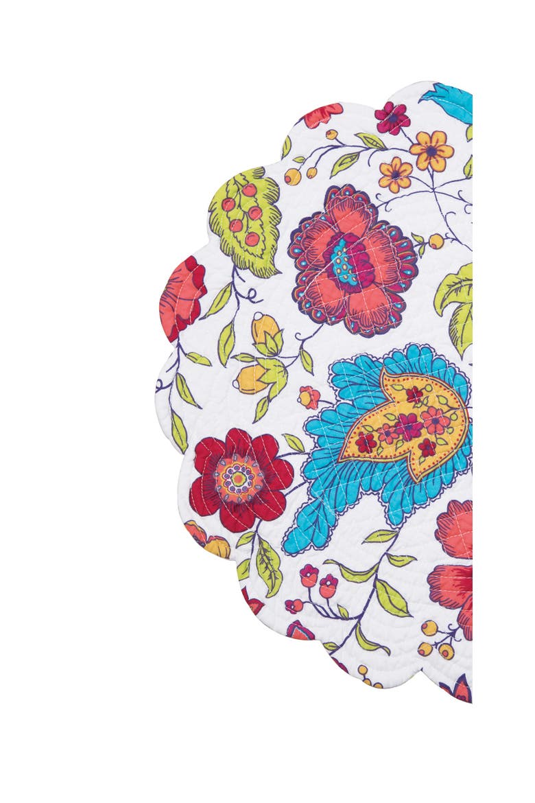 Teagan Floral Cotton Quilted Round Placemats Set of 6 - Vibrant Reversible, 17", Alternate, color, White