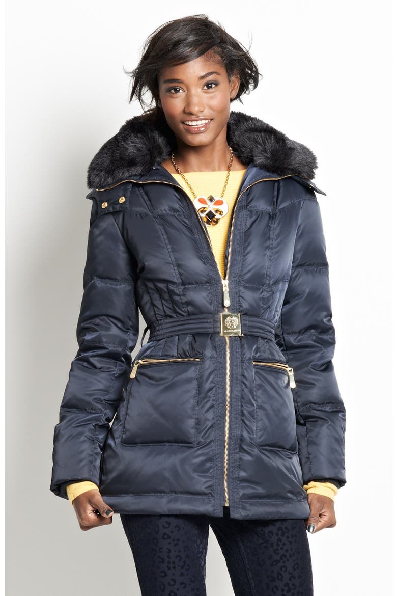 Faux Fur Collar Down & Feather Parka, Alternate, color, NAVY