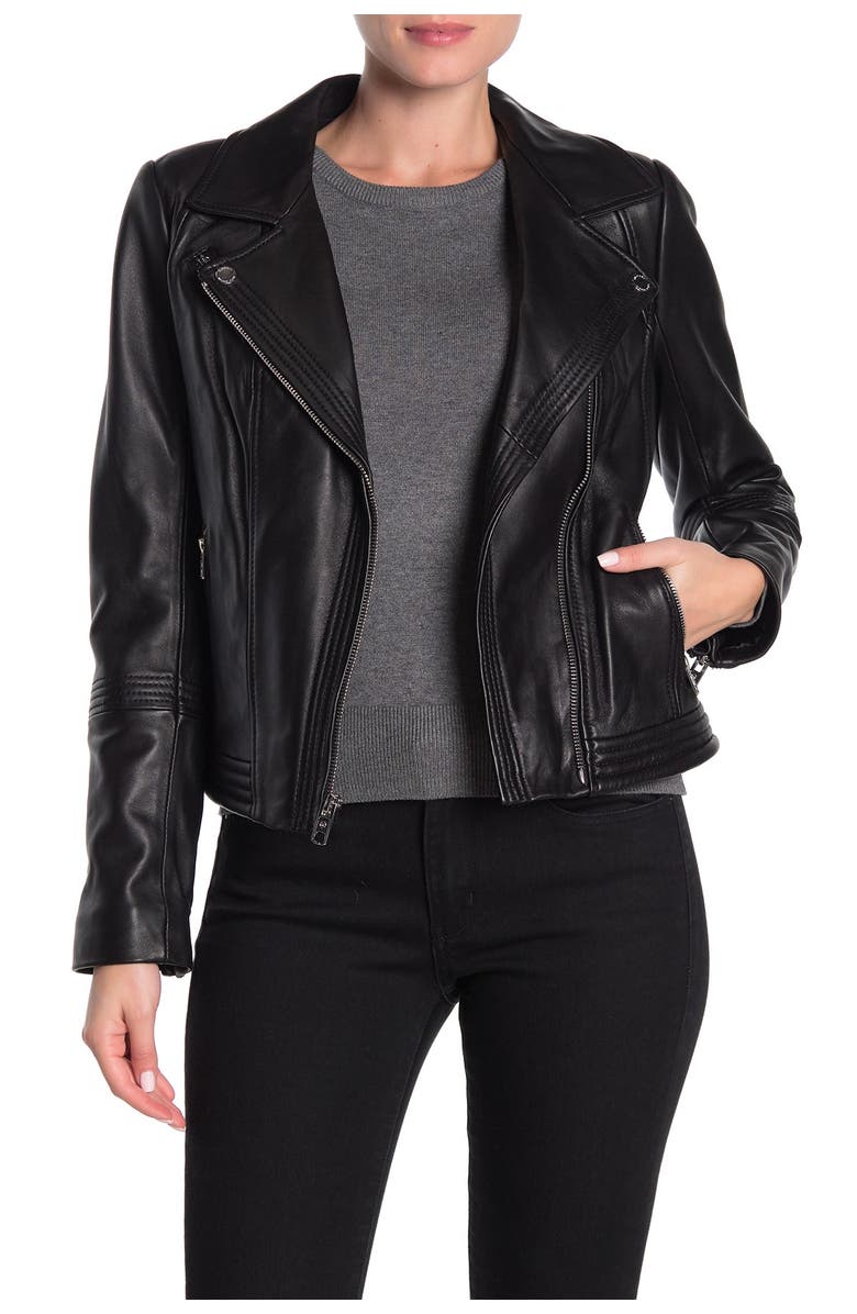 MICHAEL Michael Kors Missy Asymmetrical Zip Leather Moto Jacket, Main, color,