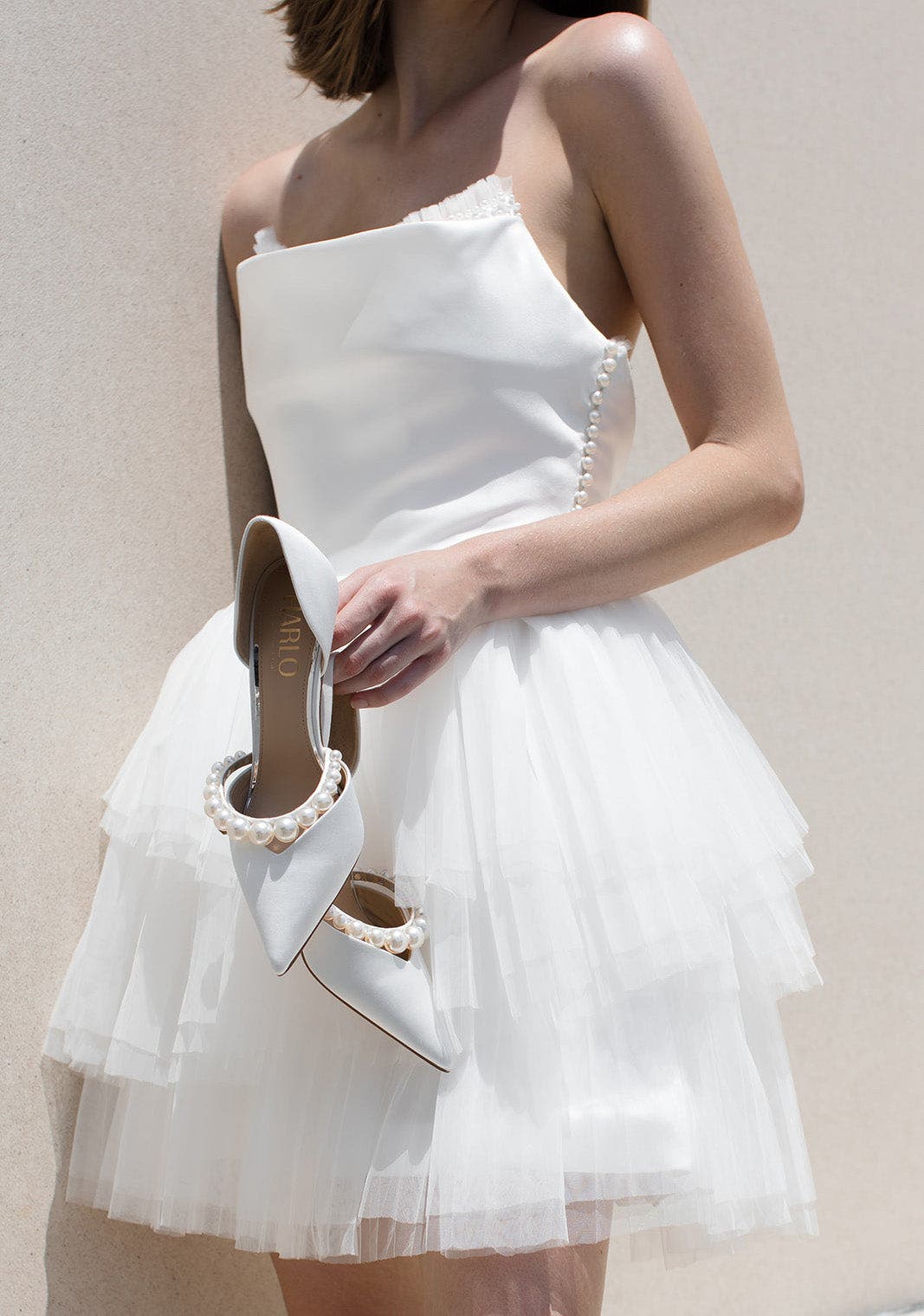 HARLO Emma Bridal D'Orsay Pointed Toe Mid Heel with Pearl Strap, Alternate, color, Soft White Satin