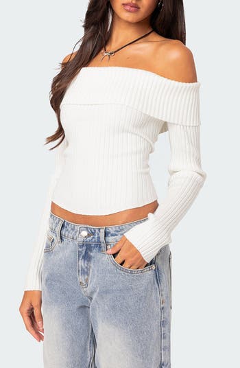 Edikted Women s Lauren Knit Fold Over Top White