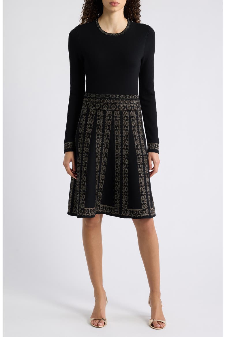 Metallic Jacquard Long Sleeve Dress, Main, color, BLK GOLD