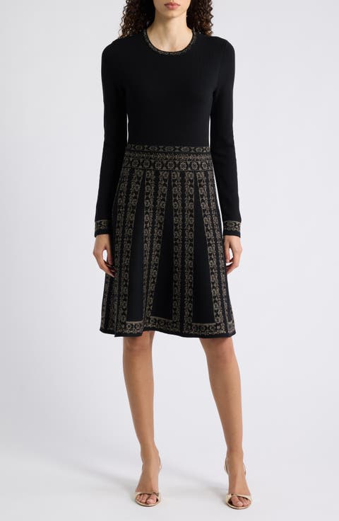 Metallic Jacquard Long Sleeve Dress