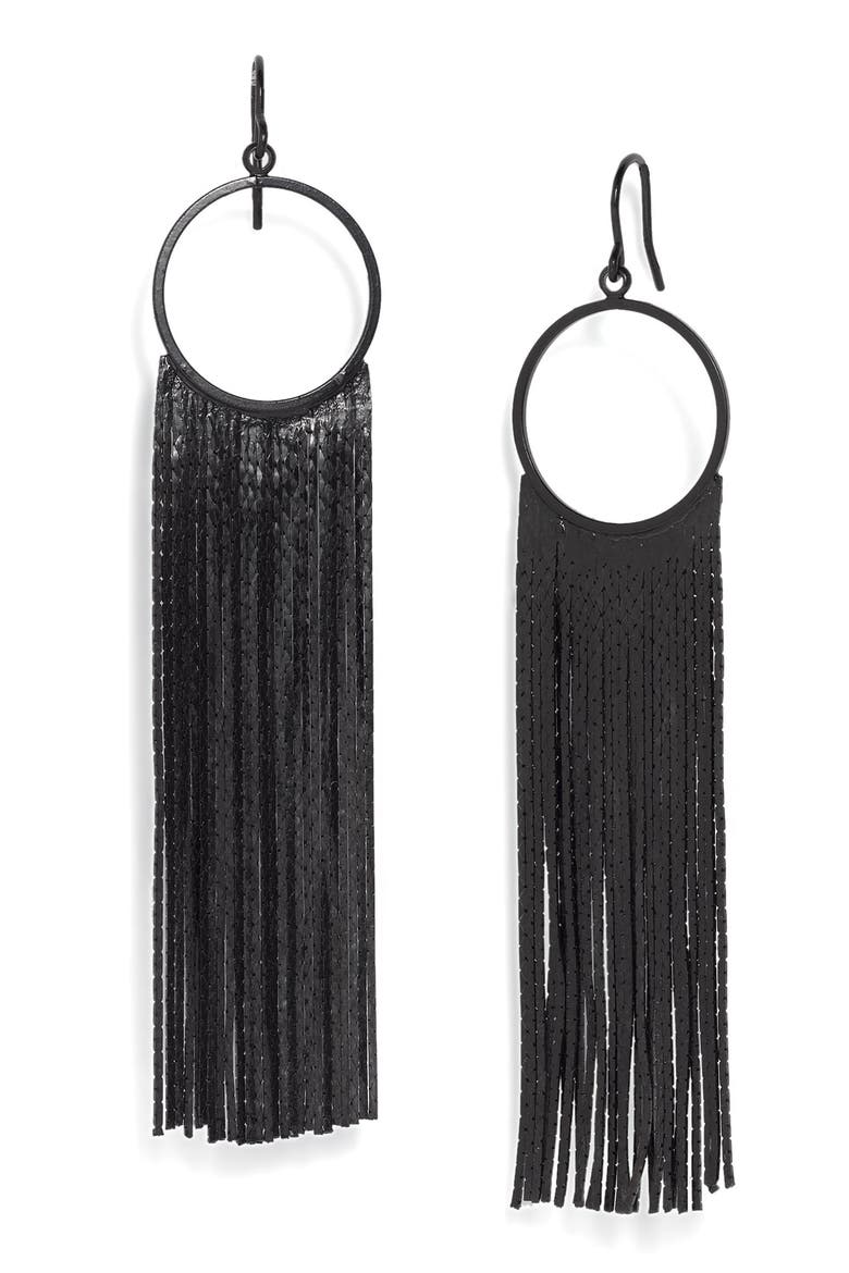 'Brushed Metals' Circle Drop Fringe Earrings, Main, color, JET