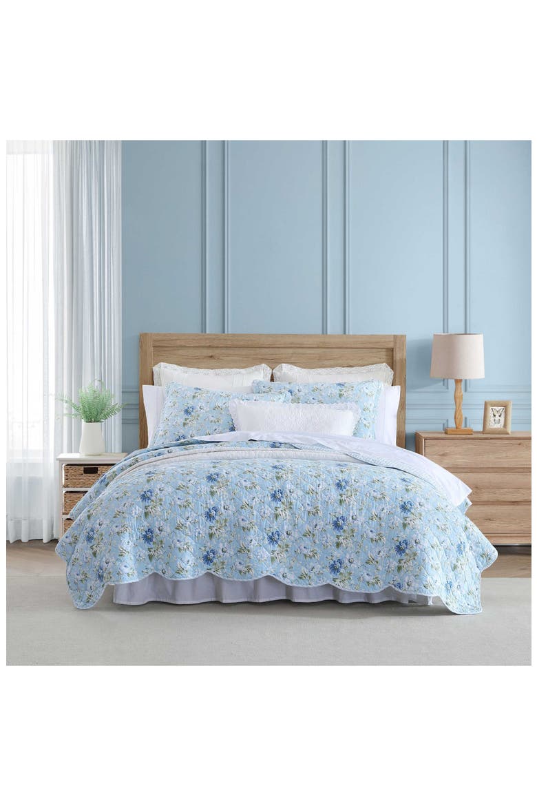 Peony Garden Cotton Quilt & Sham 3-Piece Set, Alternate, color, LIGHT BLUE/ GREEN