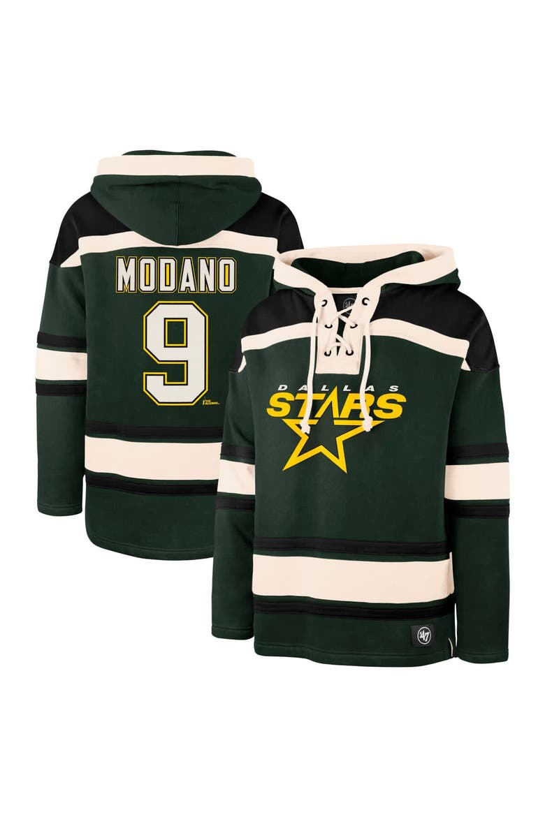 Men's '47 Mike Modano Green Dallas Stars Retired Player Name & Number Lacer Pullover Hoodie, Main, color, Green