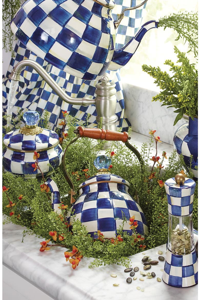 Royal Check Enameled Steel Squashed Pot, Alternate, color, BLUE/ WHITE