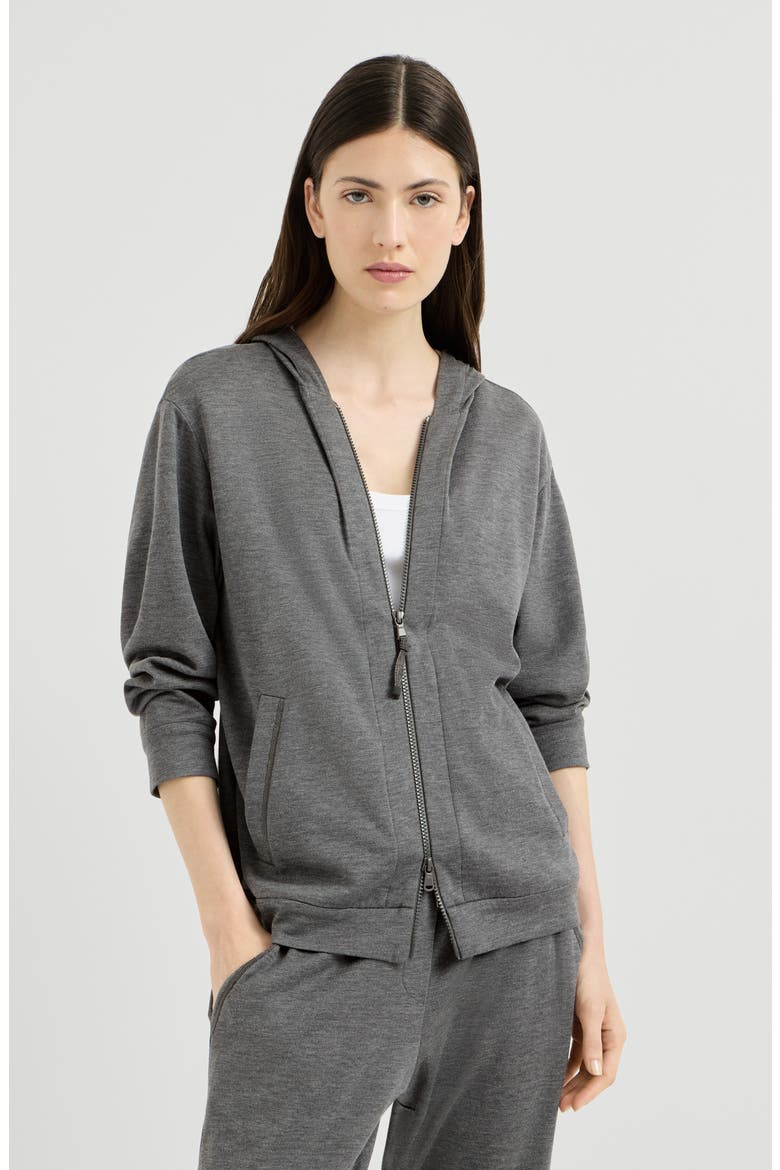 Cotton and silk interlock hooded sweatshirt with precious zipper pull, Main, color, Dark Grey