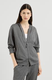 Brunello Cucinelli Cotton and silk interlock hooded sweatshirt with precious zipper pull