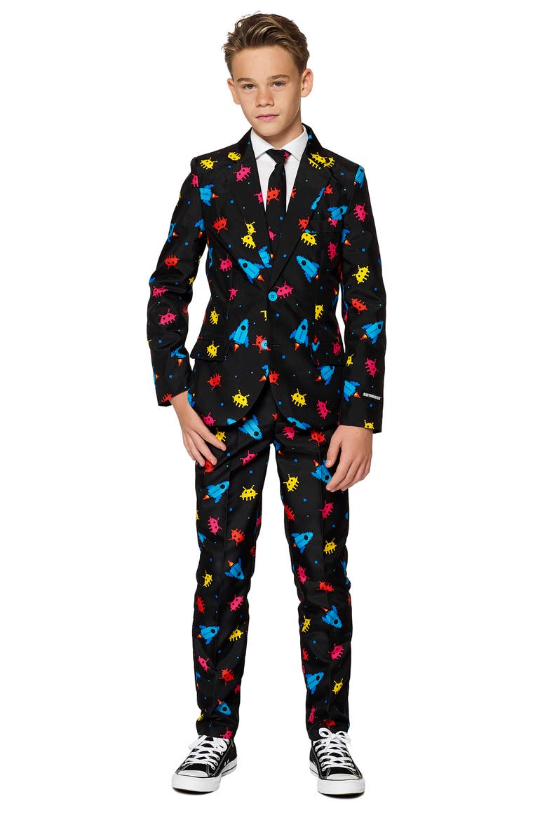 Kids' Video Game Arcade Two-Piece Suit with Tie, Main, color, BLACK MULTI