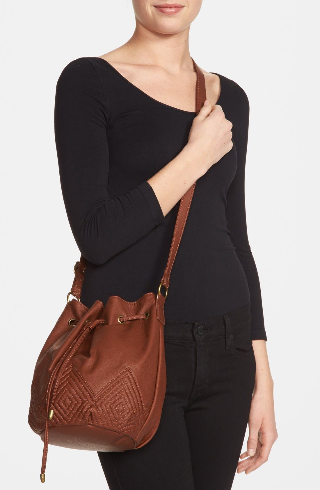 KENDALL + KYLIE Madden Girl Quilted Faux Leather Bucket Bag, Alternate, color, BROWN