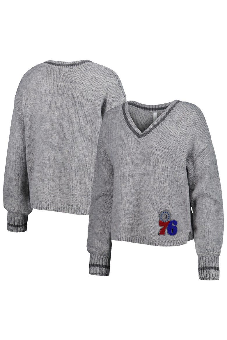 Women's Lusso Gray Philadelphia 76ers Scarletts Lantern Sleeve Tri-Blend V-Neck Pullover Sweater, Main, color, Gray