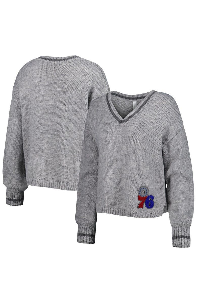 LUSSO Women's Lusso Gray Philadelphia 76ers Scarletts Lantern Sleeve Tri-Blend V-Neck Pullover Sweater, Main, color, Gray