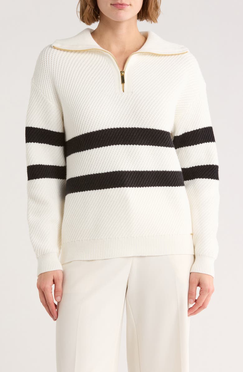 ELIE ELIE TAHARI Stripe Quarter Zip Sweater, Main, color, White/ Black
