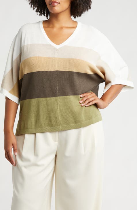 Colorblock Dolman Sleeve Seed Stitch Knit Sweater (Plus)