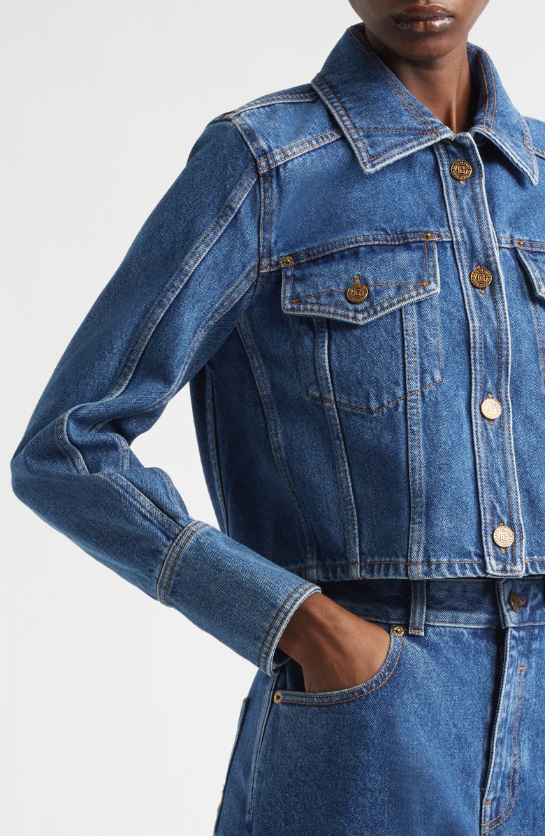 Balmain Crop Denim Jean Jacket, Alternate, color, 6Ex Bleu Jean Dark