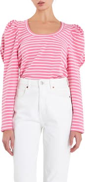English Factory Stripe Puff Sleeve Knit Top