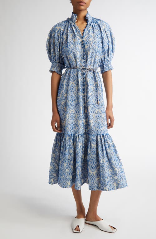 Zimmermann Wylie Belted Tiered Embroidered Cotton Midi Dress In Blue