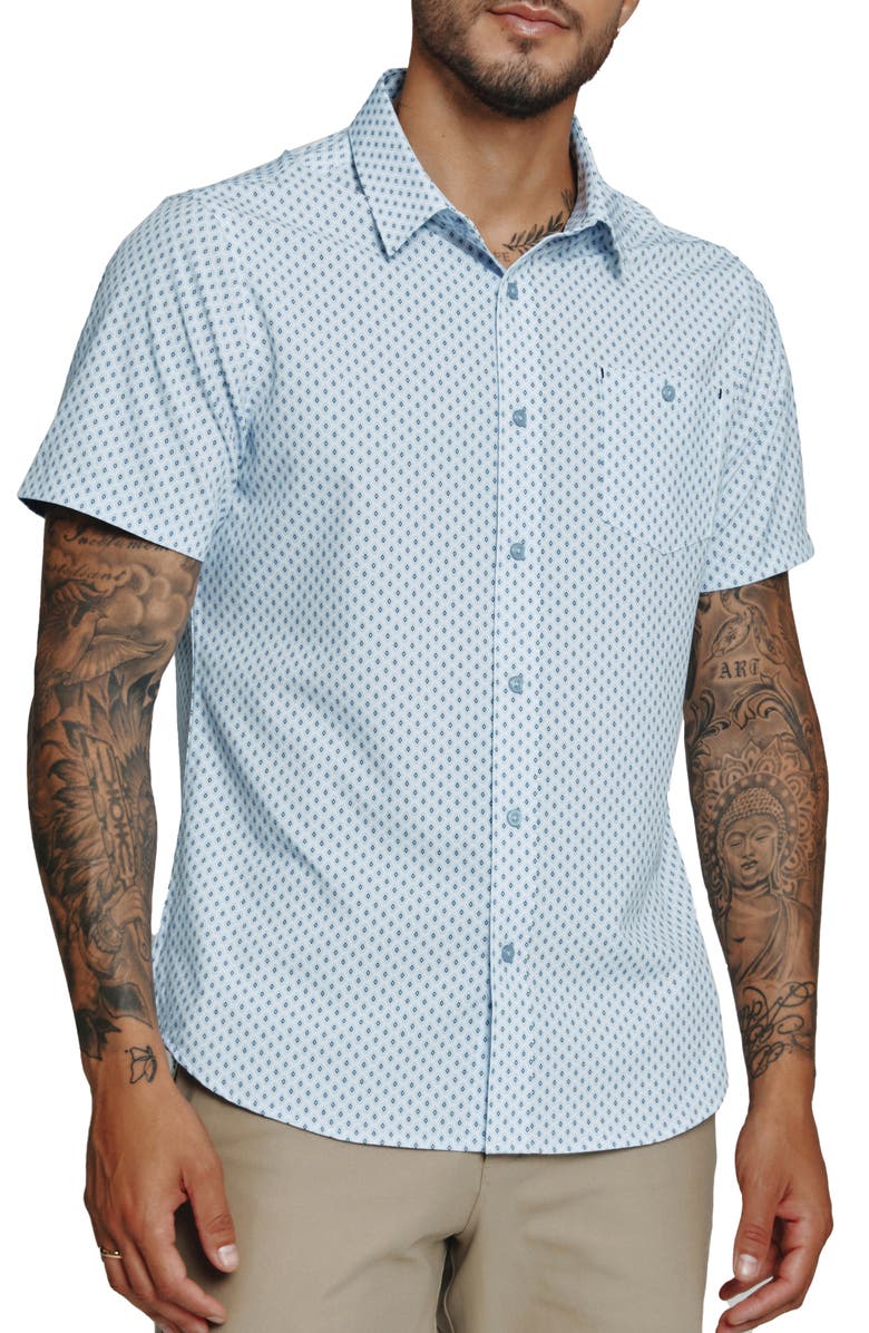 7 Diamonds Geo Print Short Sleeve Performance Button-Up Shirt, Main, color,