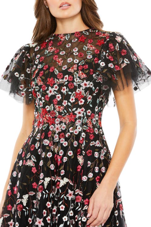 Shop Mac Duggal Embellished Butterfly Tea Length A Line Dress In Black Multi