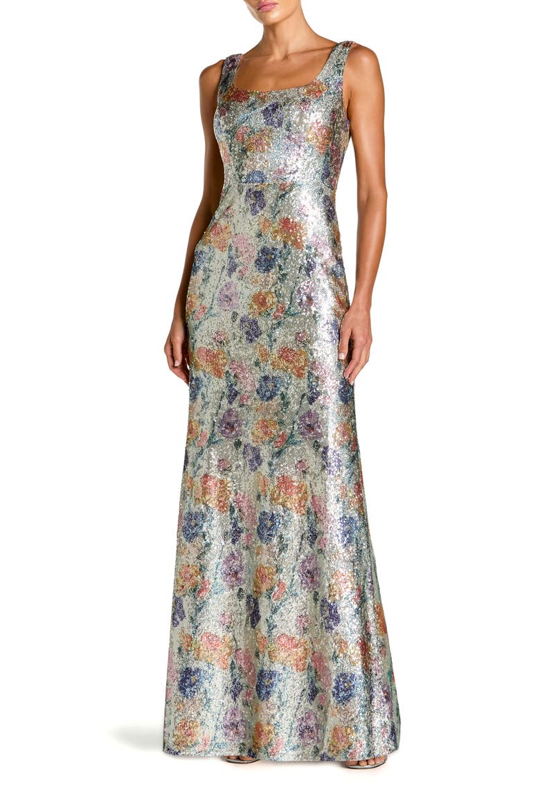 Floral Sequin Sleeveless Square Neck Fitted Gown, Main, color, Silver Multi