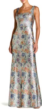 Mac Duggal Floral Sequin Sleeveless Square Neck Fitted Gown