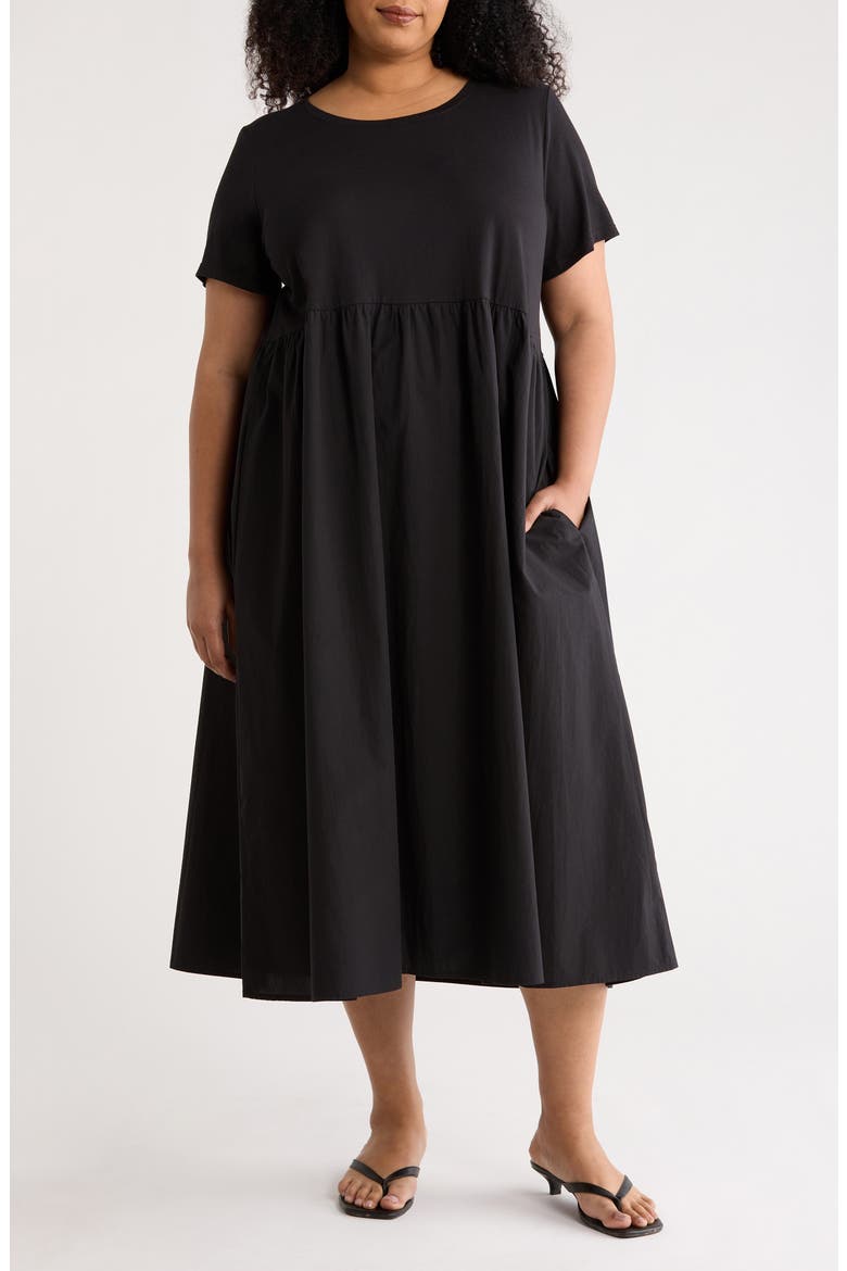 Mixed Media Organic Cotton Midi Dress, Main, color, BLACK