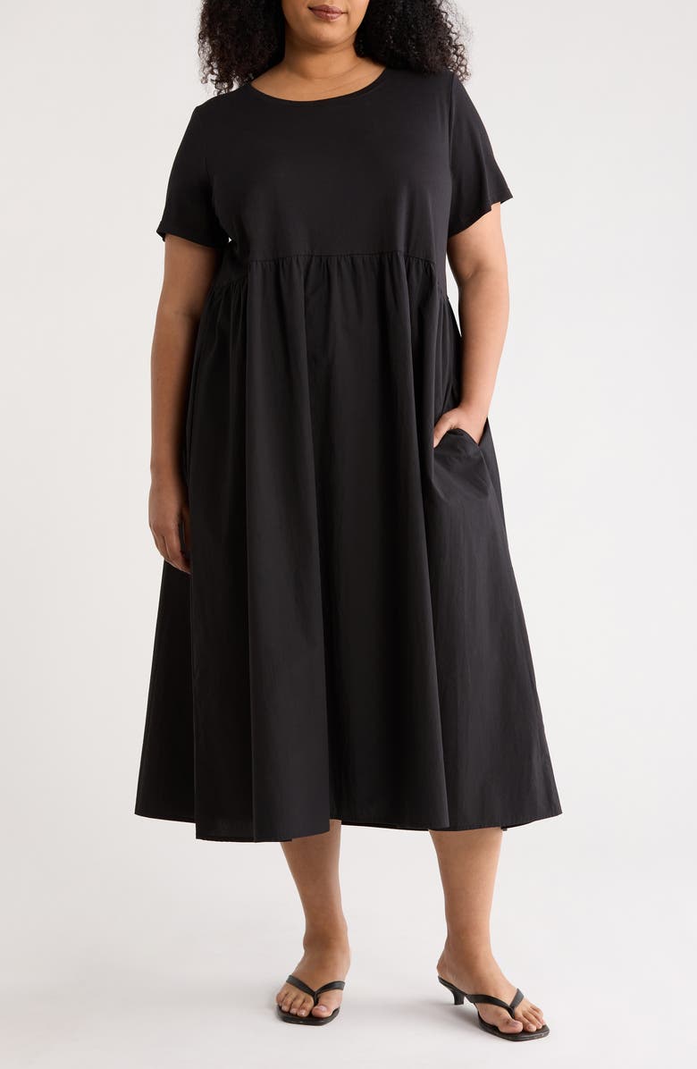 Eileen Fisher Mixed Media Organic Cotton Midi Dress, Main, color, Black