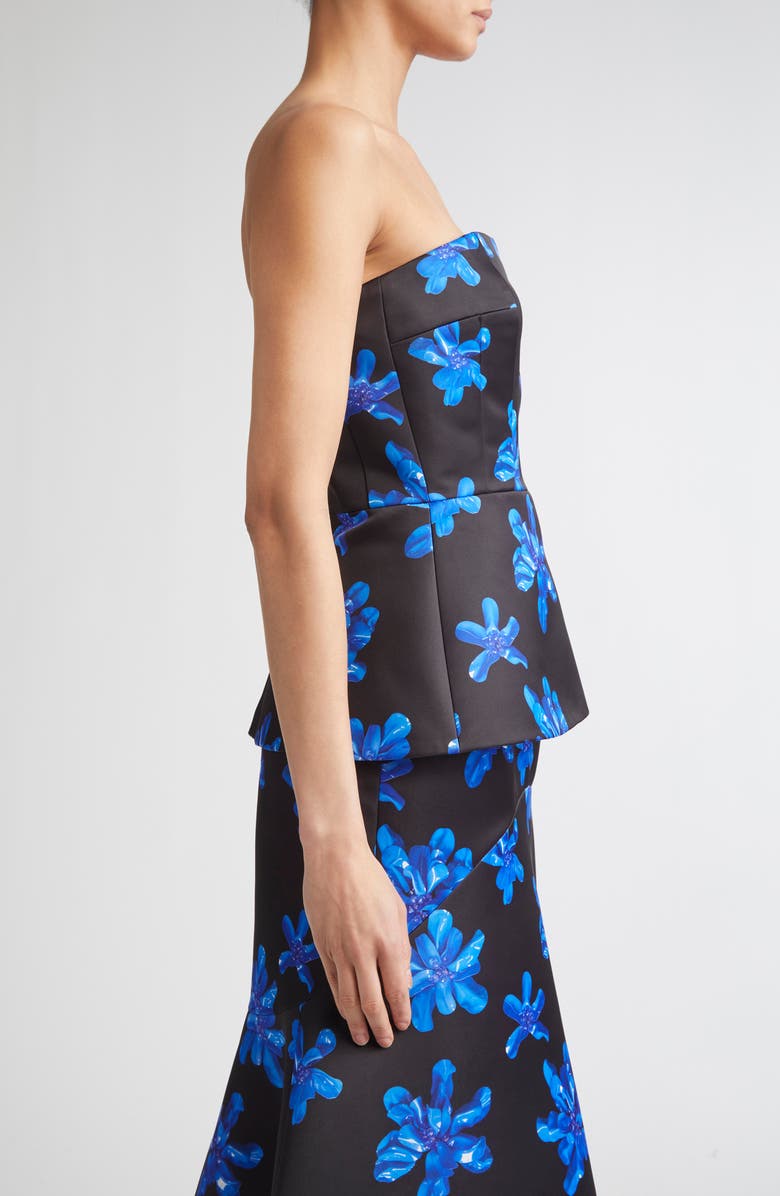 Emilia Wickstead Regan Floral Strapless Genzianella Peplum Top, Alternate, color, Electric Blue Floral On Black