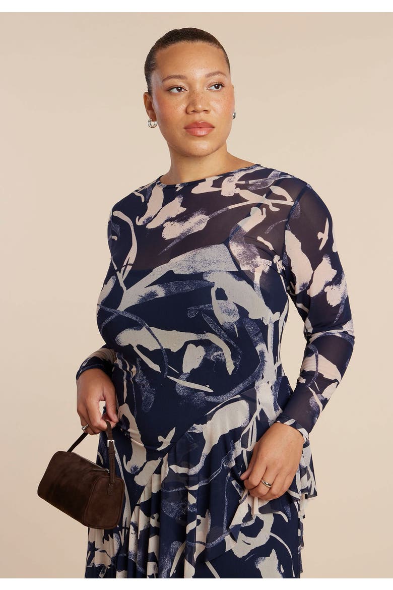 Asym Printed Midi Dress, Alternate, color, INK BLOTCH NAVY