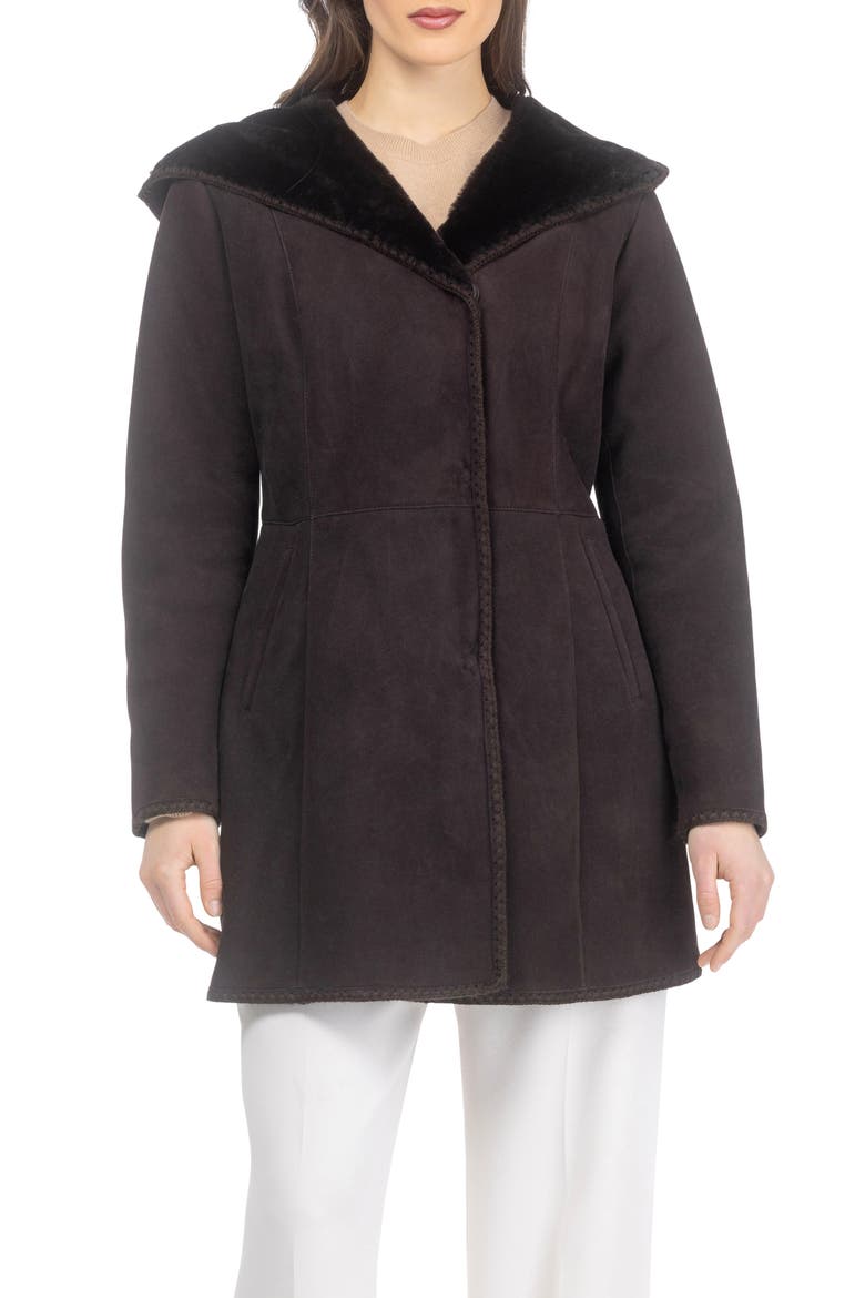 Genuine Shearling Parka with Emboidered Trim, Main, color, Dark Brown