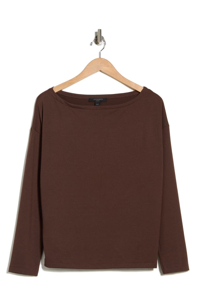 AllSaints Rita Boat Neck Long Sleeve Top, Main, color, Bitter Brown