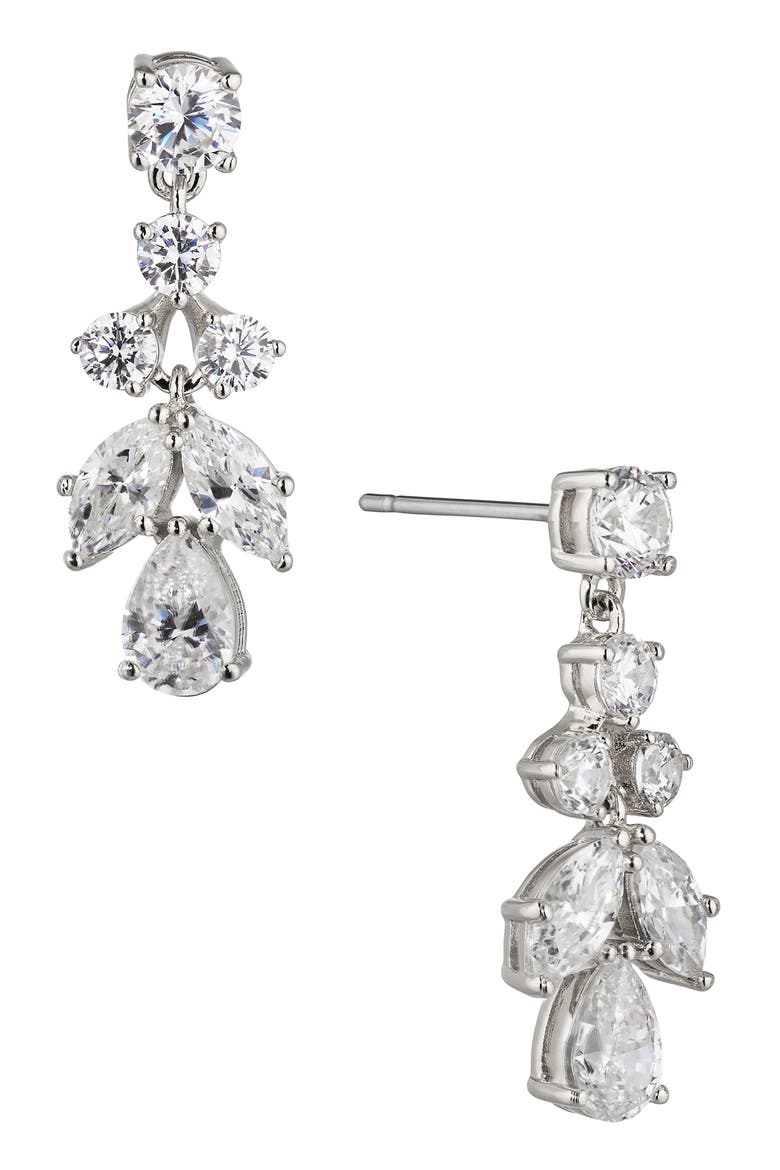 Cubic Zirconia Cluster Drop Earrings, Main, color, RHODIUM