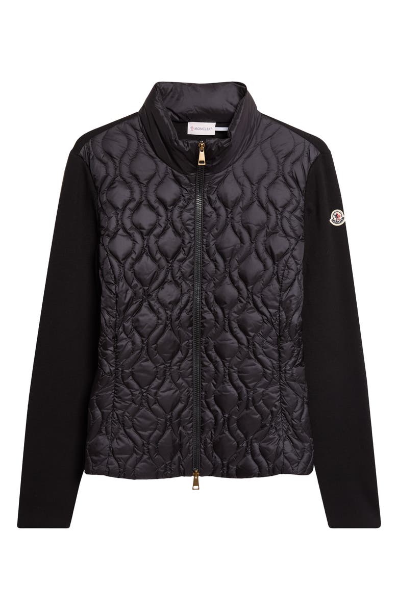 Moncler Mixed Media Down Cardigan, Alternate, color, Black