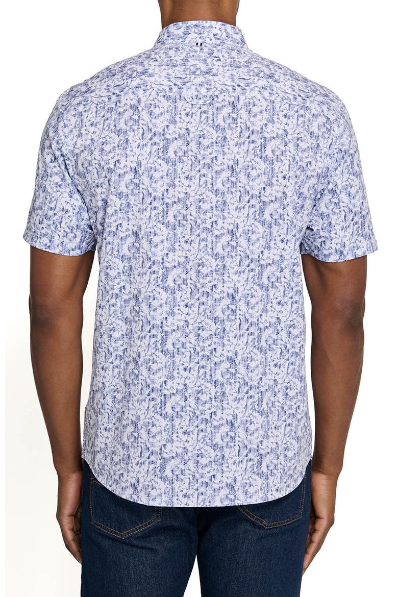 Sketched Foliage Short Sleeve Button Down Performance Shirt, Alternate, color, WHITE/BLUE