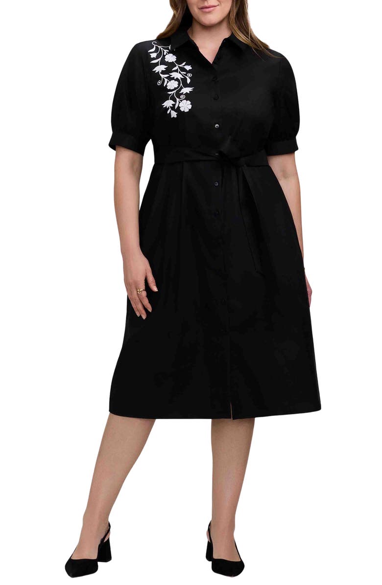 Foxcroft Esther Belted Floral Embroidered Cotton Blend Shirtdress, Main, color, Black/ White