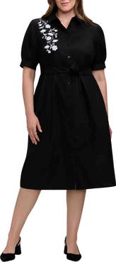 Foxcroft Esther Belted Floral Embroidered Cotton Blend Shirtdress