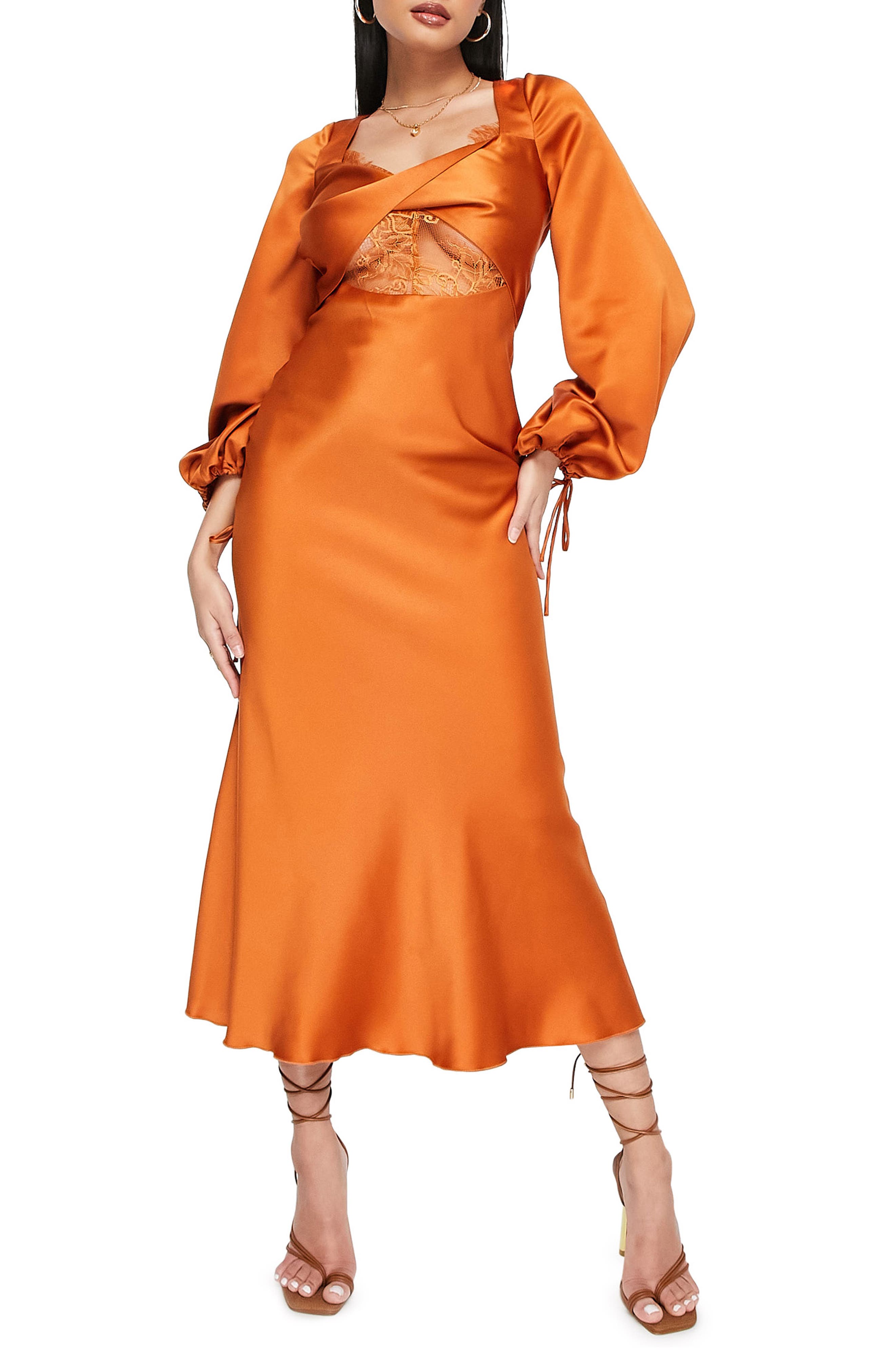 ASOS DESIGN Lace Inset Bias Cut Satin Midi Dress (Women)