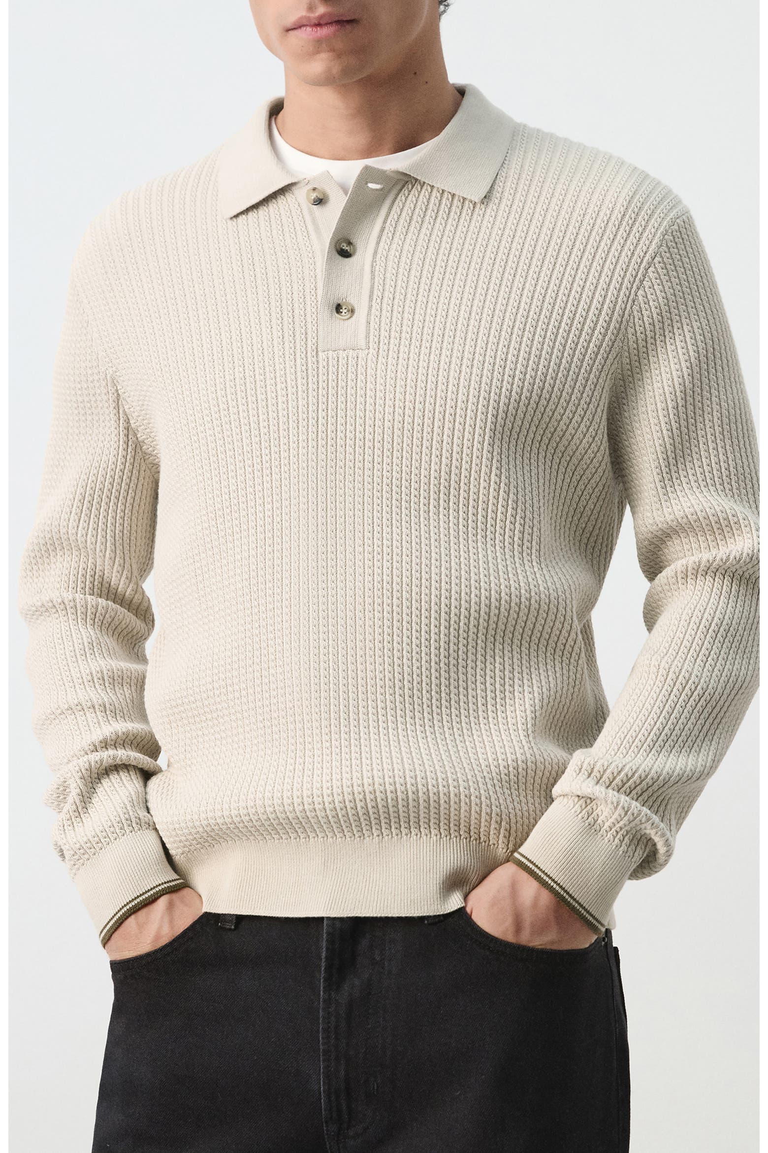Braided Cotton Blend Polo Sweater