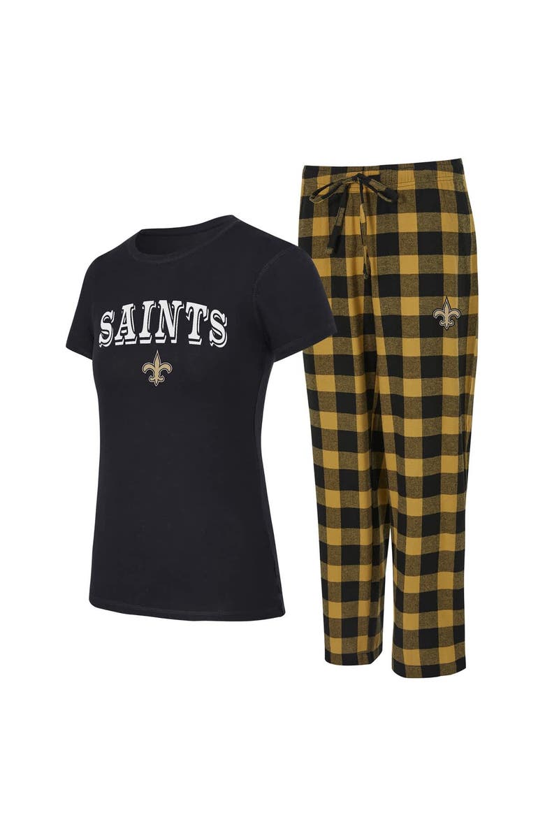 CONCEPTS SPORT Women's Concepts Sport  Black/Gold New Orleans Saints Avondale T-Shirt & Pants Flannel PJ Set, Main, color, Black
