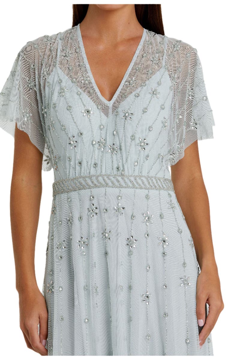 Mac Duggal V Neck Embellished Flutter Sleeve A Line Gown, Alternate, color, Mist