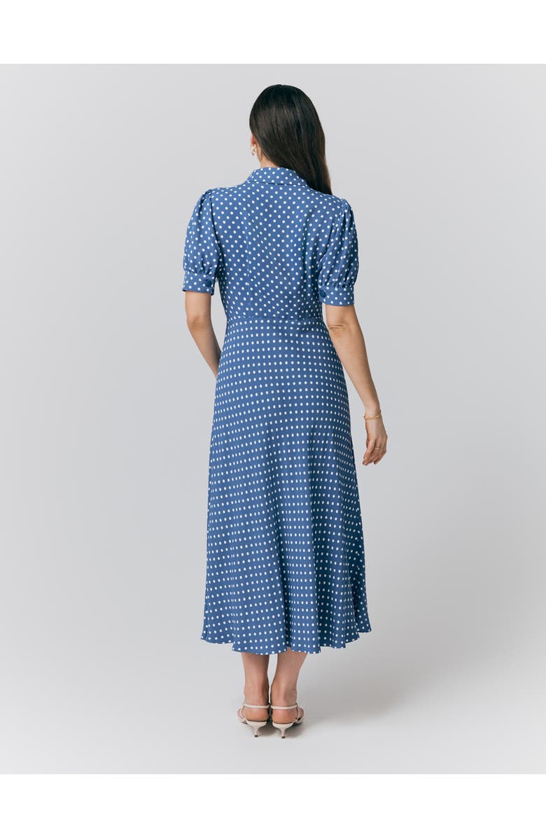 Ghost London Wilma Crepe Polka Dot Midi Tea Dress, Alternate, color, Navy Spot