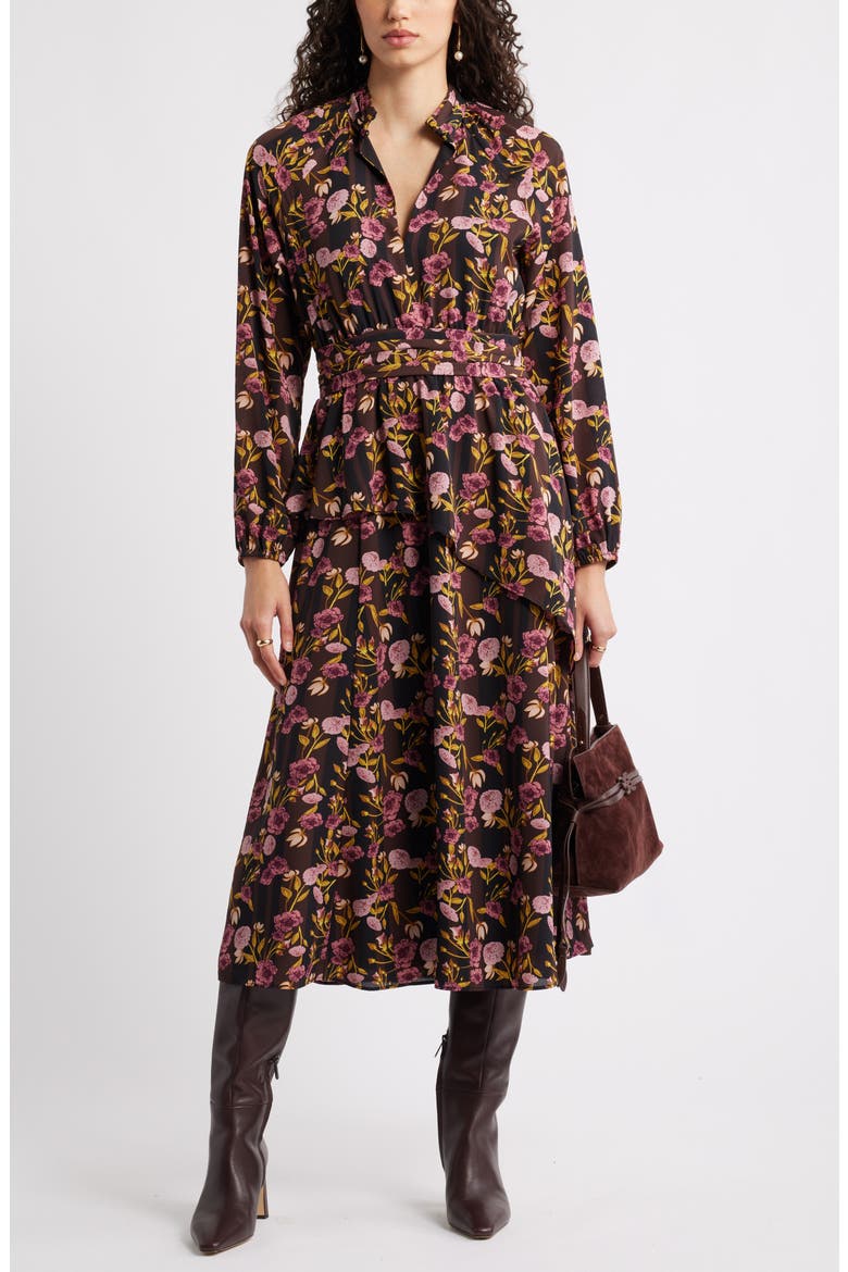 Long Sleeve Ruffle Midi Dress, Main, color, BLACK- YELLOW MOLLY BLOOM