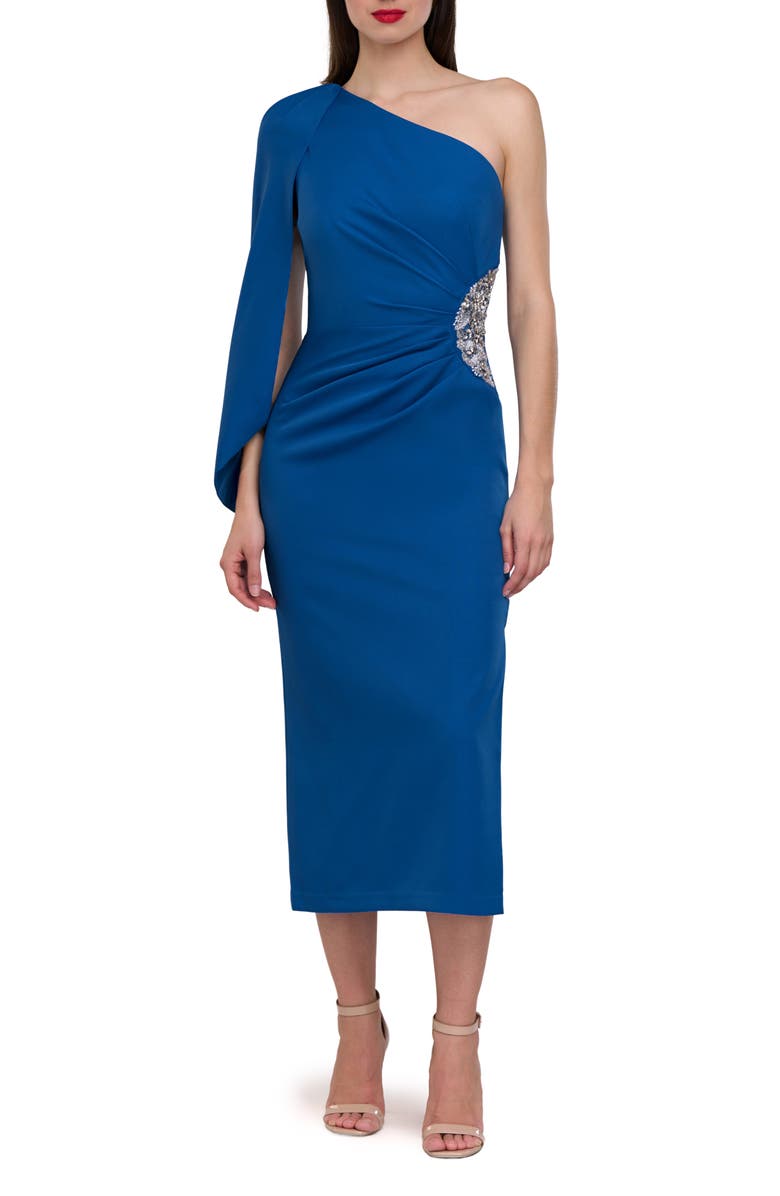 JS Collections Amelie One-Shouler Cape Sleeve Cocktail Dress, Main, color,